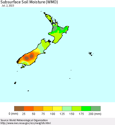 New Zealand Subsurface Soil Moisture (WMO) Thematic Map For 6/26/2023 - 7/2/2023