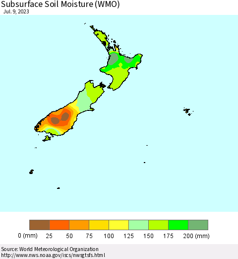 New Zealand Subsurface Soil Moisture (WMO) Thematic Map For 7/3/2023 - 7/9/2023