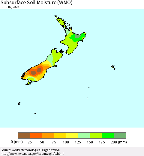 New Zealand Subsurface Soil Moisture (WMO) Thematic Map For 7/10/2023 - 7/16/2023