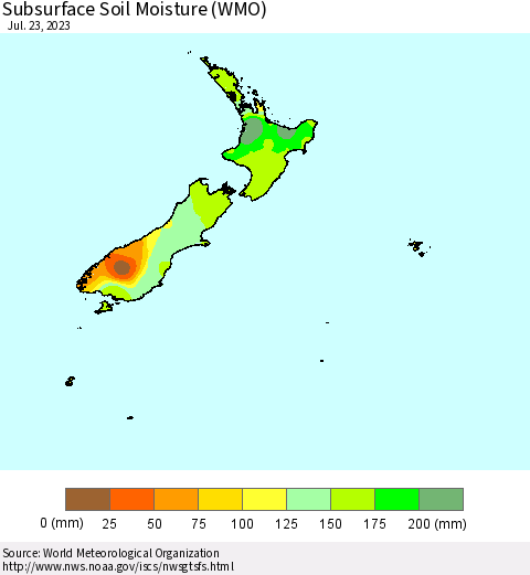 New Zealand Subsurface Soil Moisture (WMO) Thematic Map For 7/17/2023 - 7/23/2023