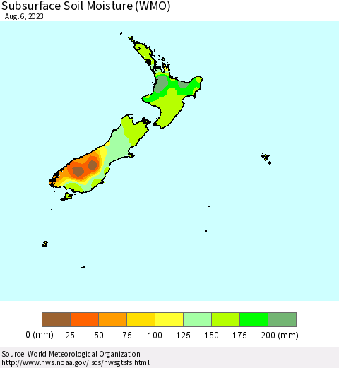 New Zealand Subsurface Soil Moisture (WMO) Thematic Map For 7/31/2023 - 8/6/2023