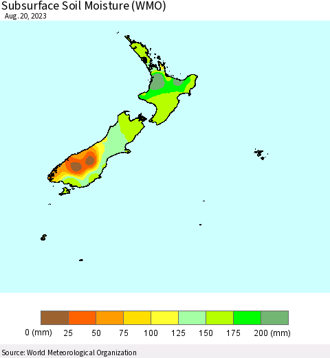 New Zealand Subsurface Soil Moisture (WMO) Thematic Map For 8/14/2023 - 8/20/2023