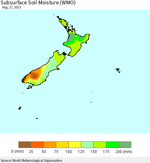 New Zealand Subsurface Soil Moisture (WMO) Thematic Map For 8/21/2023 - 8/27/2023