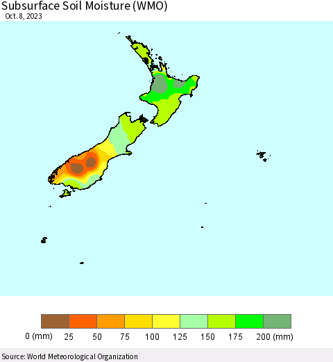 New Zealand Subsurface Soil Moisture (WMO) Thematic Map For 10/2/2023 - 10/8/2023
