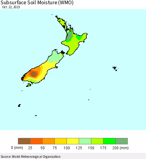 New Zealand Subsurface Soil Moisture (WMO) Thematic Map For 10/16/2023 - 10/22/2023