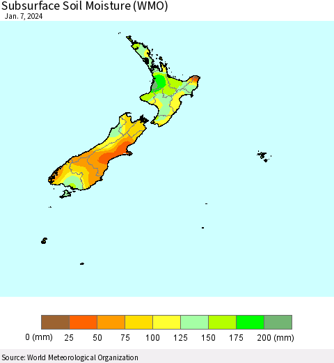 New Zealand Subsurface Soil Moisture (WMO) Thematic Map For 1/1/2024 - 1/7/2024
