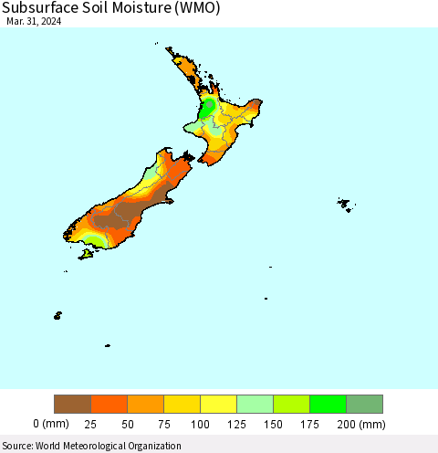 New Zealand Subsurface Soil Moisture (WMO) Thematic Map For 3/25/2024 - 3/31/2024