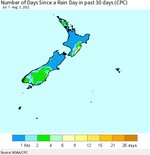New Zealand Number of Days Since a Rain Day in past 30 days (CPC) Thematic Map For 8/1/2021 - 8/5/2021