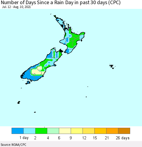 New Zealand Number of Days Since a Rain Day in past 30 days (CPC) Thematic Map For 8/6/2021 - 8/10/2021