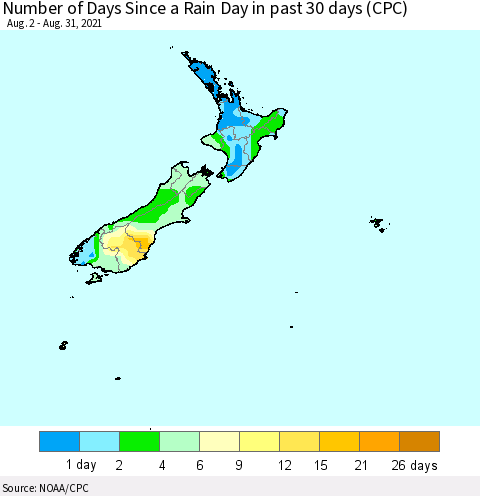 New Zealand Number of Days Since a Rain Day in past 30 days (CPC) Thematic Map For 8/26/2021 - 8/31/2021