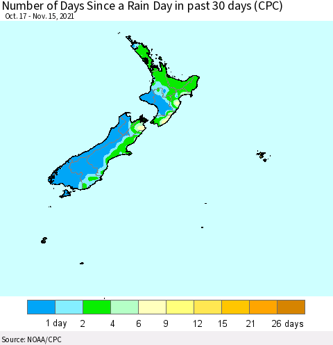 New Zealand Number of Days Since a Rain Day in past 30 days (CPC) Thematic Map For 11/11/2021 - 11/15/2021