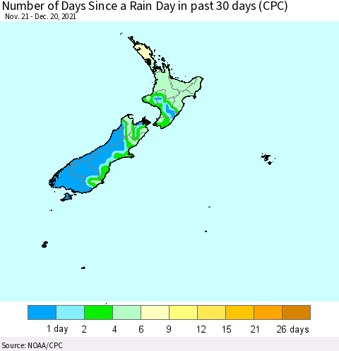 New Zealand Number of Days Since a Rain Day in past 30 days (CPC) Thematic Map For 12/16/2021 - 12/20/2021
