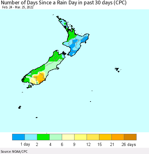 New Zealand Number of Days Since a Rain Day in past 30 days (CPC) Thematic Map For 3/21/2022 - 3/25/2022