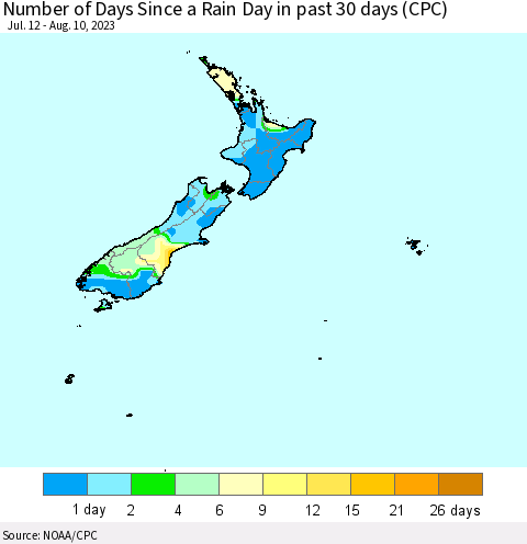 New Zealand Number of Days Since a Rain Day in past 30 days (CPC) Thematic Map For 8/6/2023 - 8/10/2023