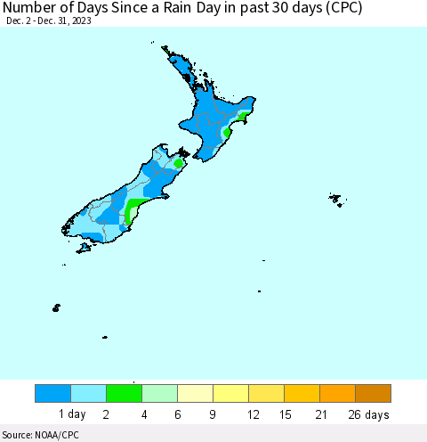 New Zealand Number of Days Since a Rain Day in past 30 days (CPC) Thematic Map For 12/26/2023 - 12/31/2023