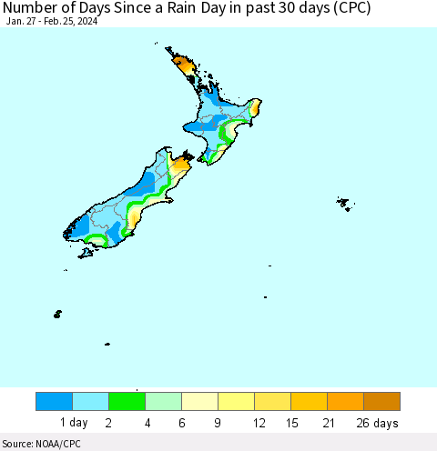New Zealand Number of Days Since a Rain Day in past 30 days (CPC) Thematic Map For 2/21/2024 - 2/25/2024