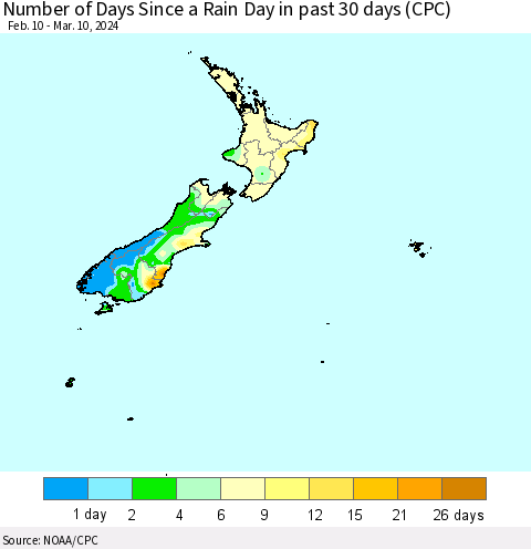 New Zealand Number of Days Since a Rain Day in past 30 days (CPC) Thematic Map For 3/6/2024 - 3/10/2024