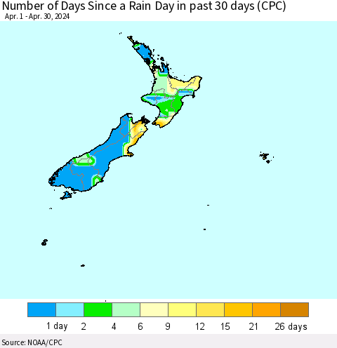 New Zealand Number of Days Since a Rain Day in past 30 days (CPC) Thematic Map For 4/26/2024 - 4/30/2024