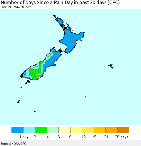New Zealand Number of Days Since a Rain Day in past 30 days (CPC) Thematic Map For 5/16/2024 - 5/20/2024