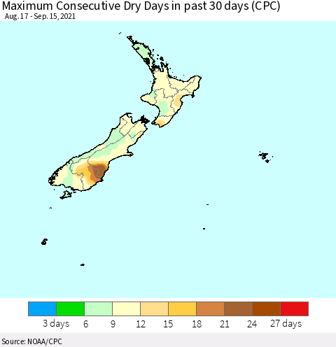 New Zealand Maximum Consecutive Dry Days in past 30 days (CPC) Thematic Map For 9/11/2021 - 9/15/2021