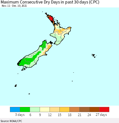 New Zealand Maximum Consecutive Dry Days in past 30 days (CPC) Thematic Map For 12/6/2021 - 12/10/2021