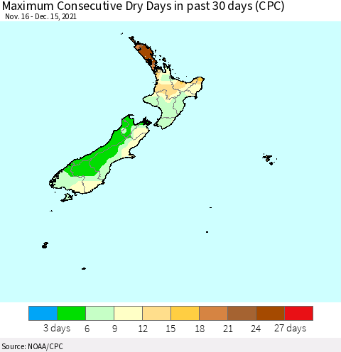 New Zealand Maximum Consecutive Dry Days in past 30 days (CPC) Thematic Map For 12/11/2021 - 12/15/2021