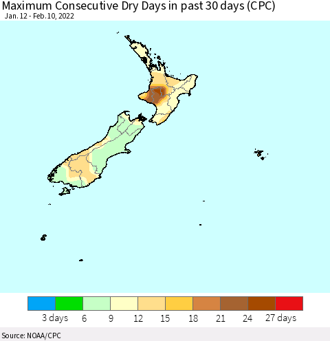 New Zealand Maximum Consecutive Dry Days in past 30 days (CPC) Thematic Map For 2/6/2022 - 2/10/2022