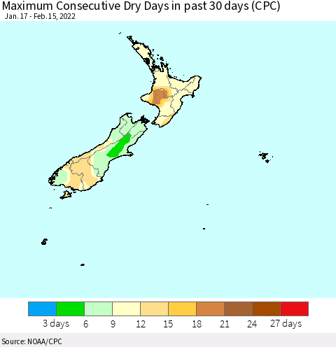New Zealand Maximum Consecutive Dry Days in past 30 days (CPC) Thematic Map For 2/11/2022 - 2/15/2022