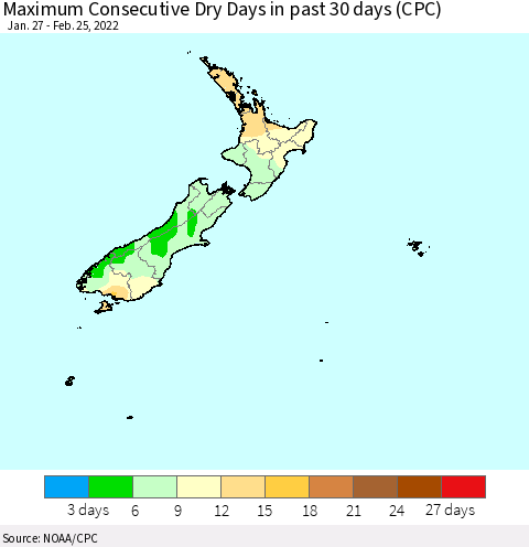 New Zealand Maximum Consecutive Dry Days in past 30 days (CPC) Thematic Map For 2/21/2022 - 2/25/2022