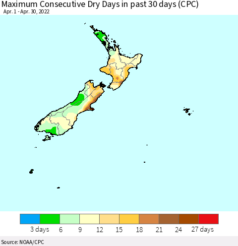 New Zealand Maximum Consecutive Dry Days in past 30 days (CPC) Thematic Map For 4/26/2022 - 4/30/2022