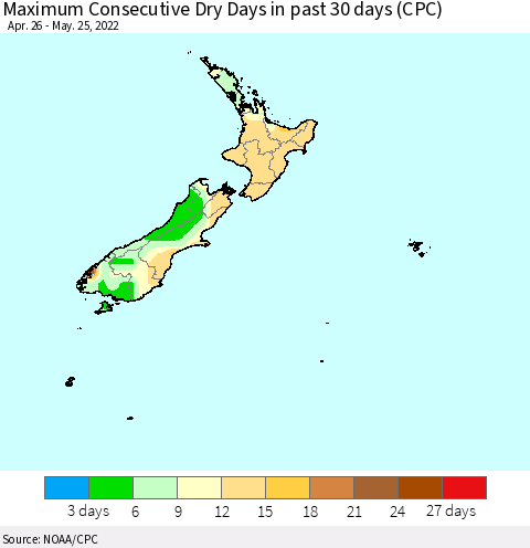 New Zealand Maximum Consecutive Dry Days in past 30 days (CPC) Thematic Map For 5/21/2022 - 5/25/2022