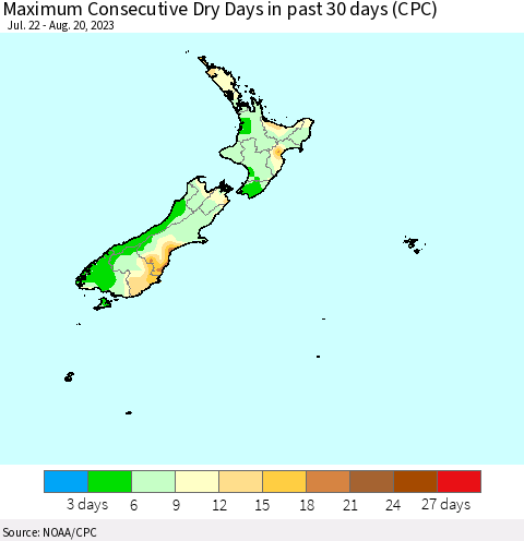 New Zealand Maximum Consecutive Dry Days in past 30 days (CPC) Thematic Map For 8/16/2023 - 8/20/2023