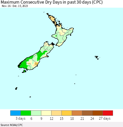 New Zealand Maximum Consecutive Dry Days in past 30 days (CPC) Thematic Map For 12/11/2023 - 12/15/2023