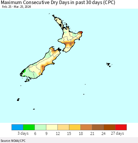New Zealand Maximum Consecutive Dry Days in past 30 days (CPC) Thematic Map For 3/21/2024 - 3/25/2024