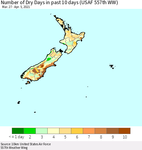 New Zealand Number of Dry Days in past 10 days (USAF 557th WW) Thematic Map For 4/1/2021 - 4/5/2021