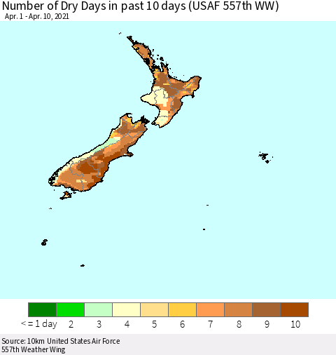 New Zealand Number of Dry Days in past 10 days (USAF 557th WW) Thematic Map For 4/6/2021 - 4/10/2021