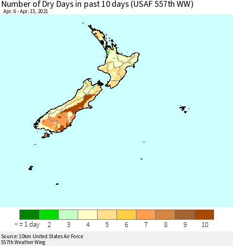New Zealand Number of Dry Days in past 10 days (USAF 557th WW) Thematic Map For 4/11/2021 - 4/15/2021