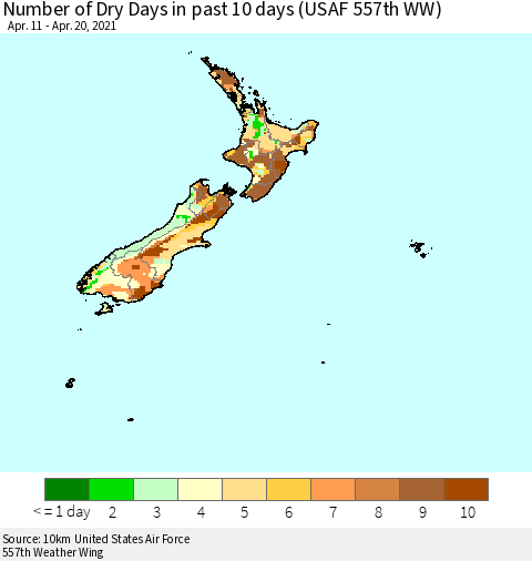 New Zealand Number of Dry Days in past 10 days (USAF 557th WW) Thematic Map For 4/16/2021 - 4/20/2021