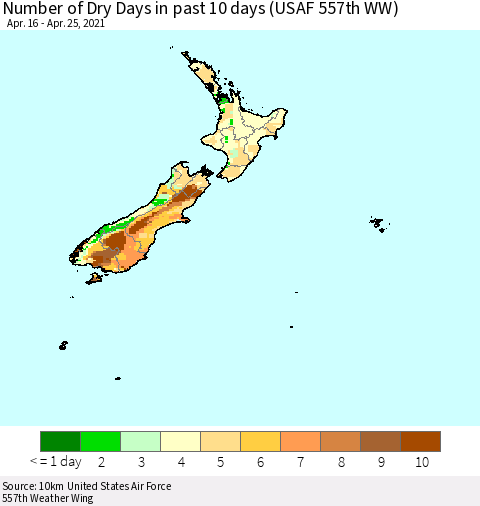New Zealand Number of Dry Days in past 10 days (USAF 557th WW) Thematic Map For 4/21/2021 - 4/25/2021