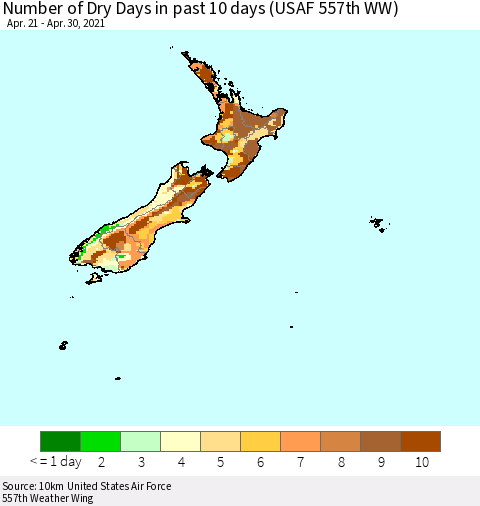 New Zealand Number of Dry Days in past 10 days (USAF 557th WW) Thematic Map For 4/26/2021 - 4/30/2021