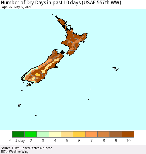 New Zealand Number of Dry Days in past 10 days (USAF 557th WW) Thematic Map For 5/1/2021 - 5/5/2021