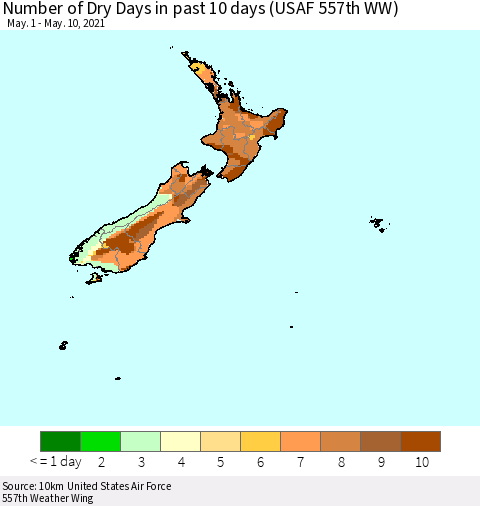 New Zealand Number of Dry Days in past 10 days (USAF 557th WW) Thematic Map For 5/6/2021 - 5/10/2021
