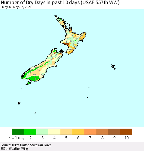 New Zealand Number of Dry Days in past 10 days (USAF 557th WW) Thematic Map For 5/11/2021 - 5/15/2021