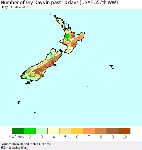 New Zealand Number of Dry Days in past 10 days (USAF 557th WW) Thematic Map For 5/16/2021 - 5/20/2021