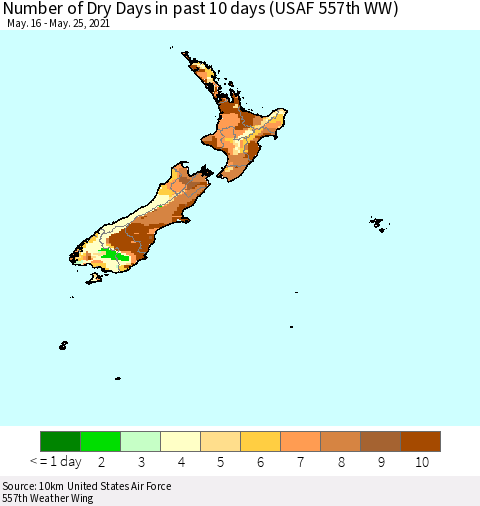 New Zealand Number of Dry Days in past 10 days (USAF 557th WW) Thematic Map For 5/21/2021 - 5/25/2021