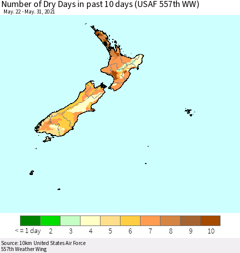 New Zealand Number of Dry Days in past 10 days (USAF 557th WW) Thematic Map For 5/26/2021 - 5/31/2021