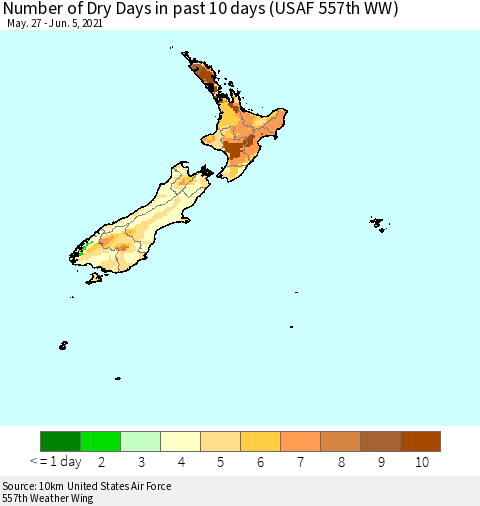 New Zealand Number of Dry Days in past 10 days (USAF 557th WW) Thematic Map For 6/1/2021 - 6/5/2021