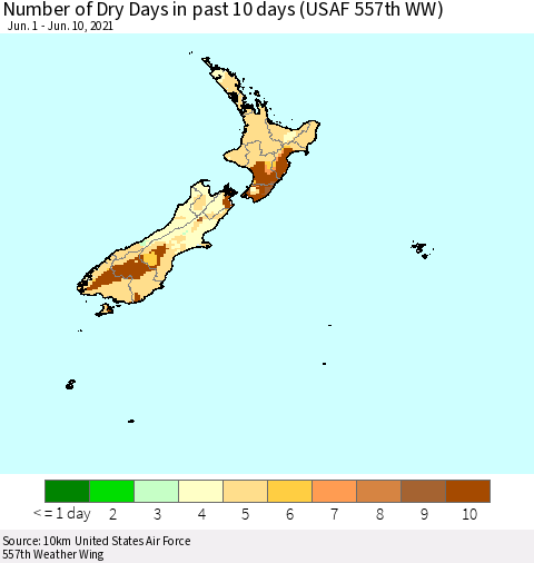 New Zealand Number of Dry Days in past 10 days (USAF 557th WW) Thematic Map For 6/6/2021 - 6/10/2021