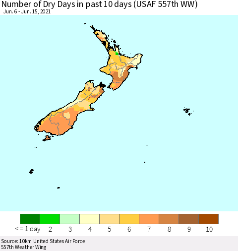 New Zealand Number of Dry Days in past 10 days (USAF 557th WW) Thematic Map For 6/11/2021 - 6/15/2021