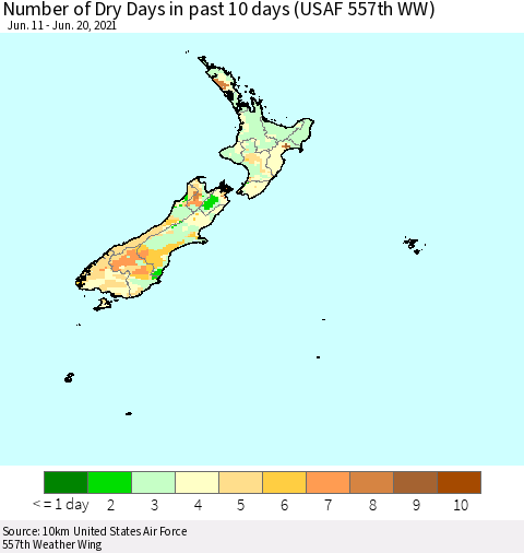 New Zealand Number of Dry Days in past 10 days (USAF 557th WW) Thematic Map For 6/16/2021 - 6/20/2021
